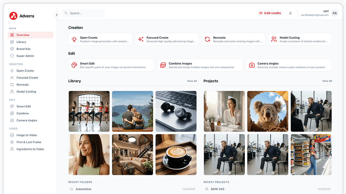 Adverra AI marketing image and video creation dashboard